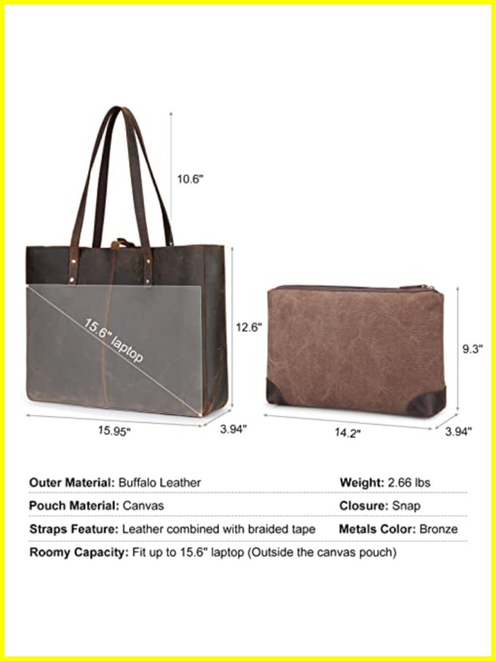 Genuine Leather Tote Bag for Women Large Handbag Work Purse w/ Pouch - Picture 2 of 6